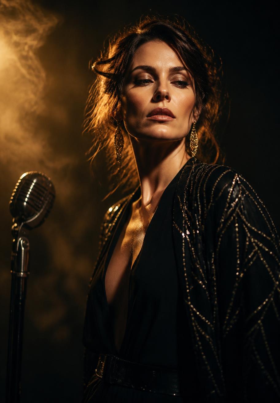 Elegant singer in golden light